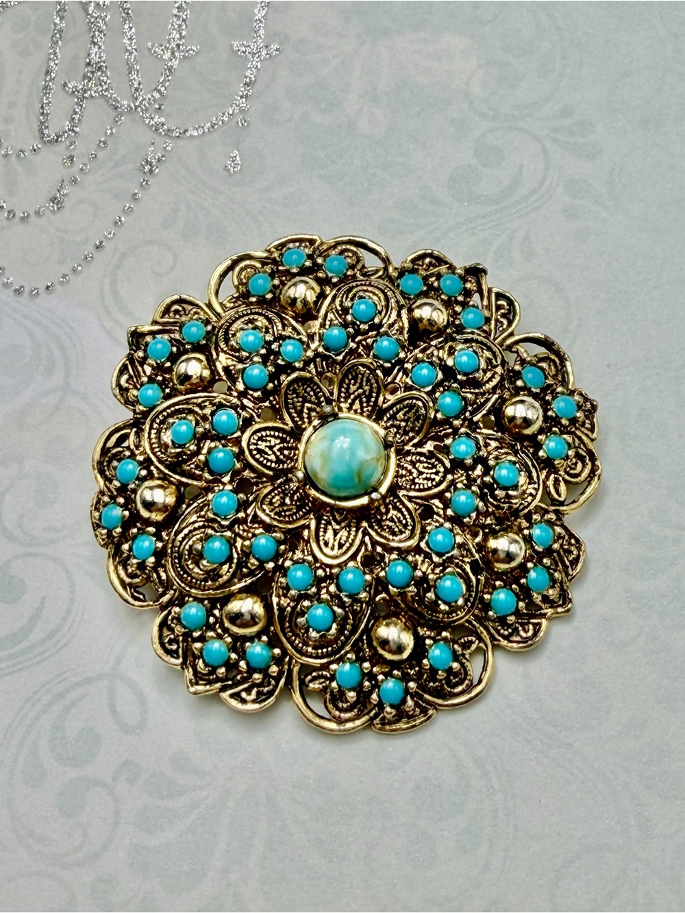 Vintage Turquoise Czech Floral Brooch - #cz780